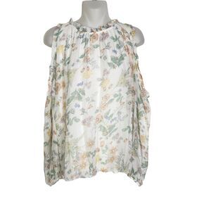 GIUSY Womens Blouse Small 100% Silk Floral Top Cold Shoulder Sheer Sleeve Italy
